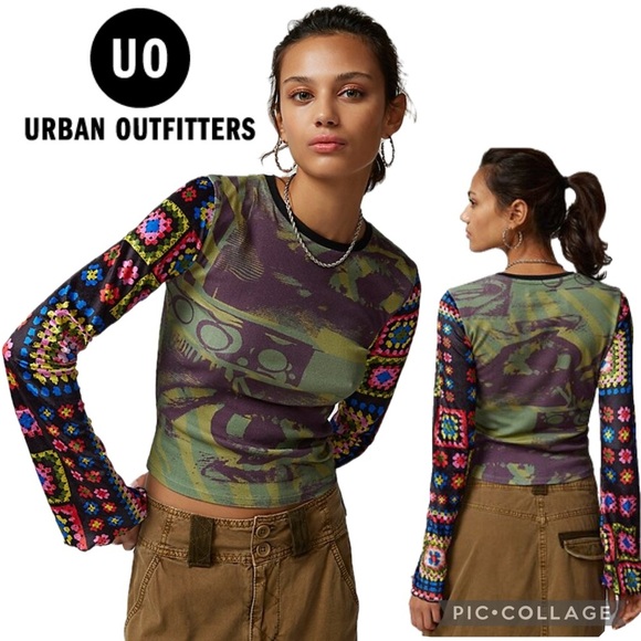 Urban Outfitters Suzie Spliced Printed Colorful Patchwork Long Sleeve Top Medium - Picture 1 of 14